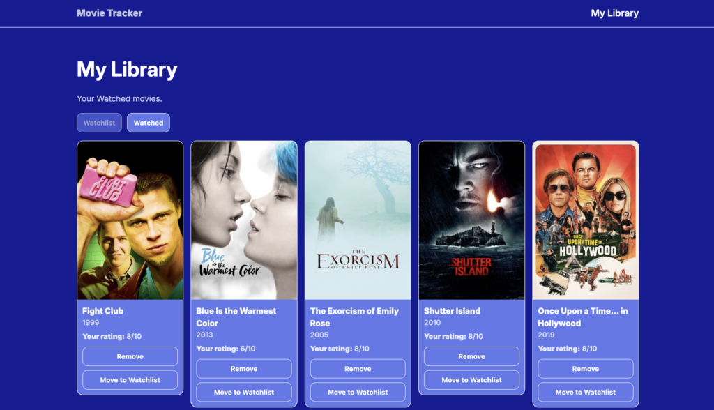 movie tracker watched movie page - web development portfolio